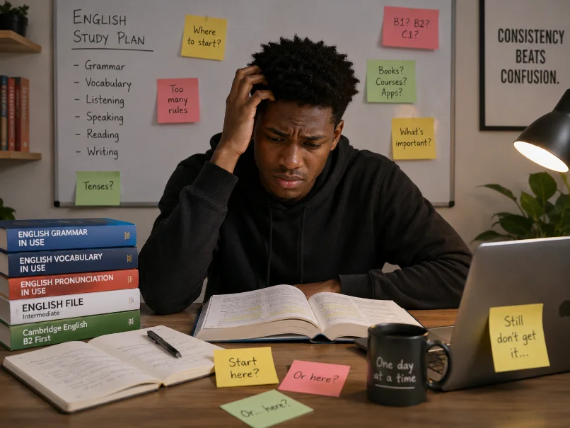 A learner studying English grammar